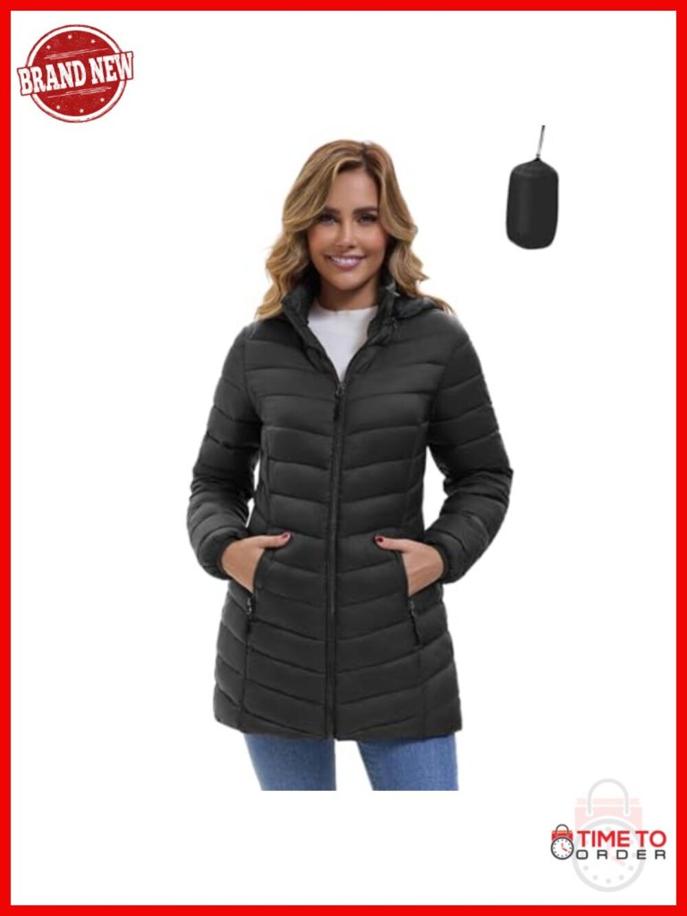 Lightweight Packable Hooded Mid-Length Puffer Jacket with Detachable Hood